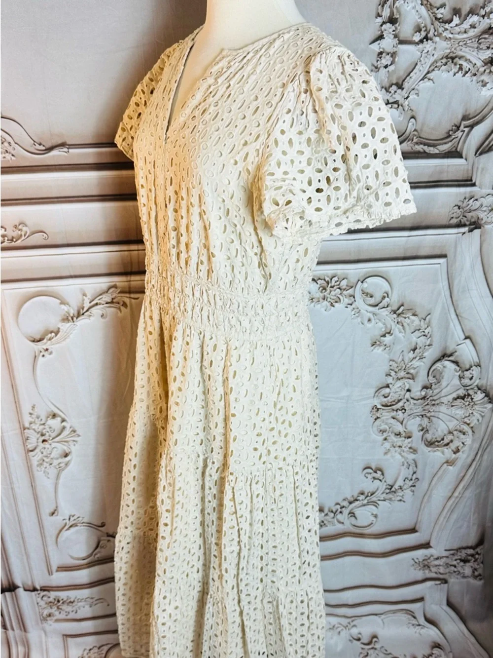 White Eyelet Maxi Dress with Royal Blue Bow Belt - Picture 8 of 13